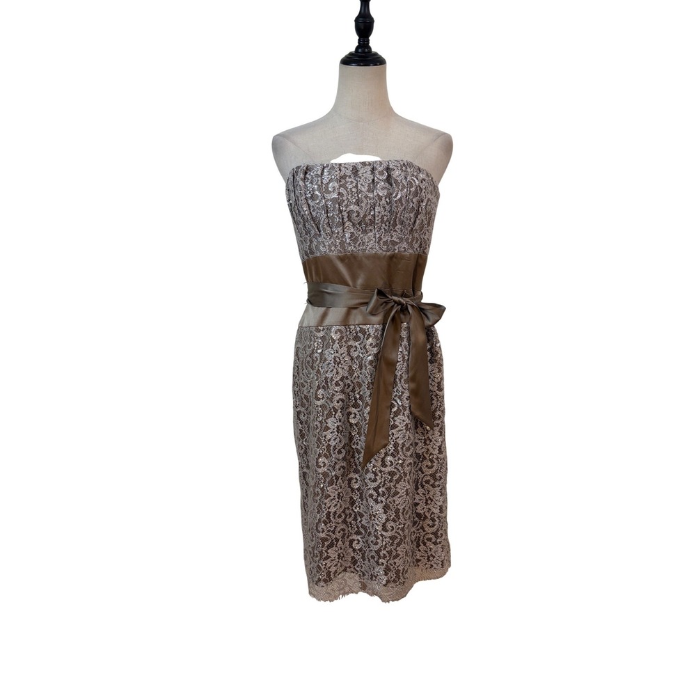 Suzi Chin for Maggy Dress 10 Brown Lace Strapless satin Sash wedding guest event